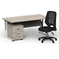 Impulse 1600mm Straight Office Desk Grey Oak Top White Cantilever Leg with 2 Drawer Mobile Pedestal and Relay Black Back