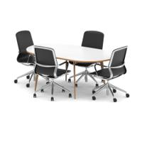Oslo 1800mm Oval Boardroom Table White Top Natural Wood Edge White Frame with Set of Four Lucia Executive Chairs Chrome Frame