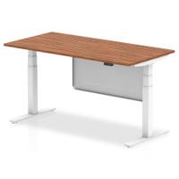 Air Modesty 1600 x 800mm Height Adjustable Office Desk Walnut Top White Leg With White Steel Modesty Panel