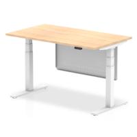 Air Modesty 1400 x 800mm Height Adjustable Office Desk Maple Top White Leg With White Steel Modesty Panel