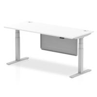 Air Modesty 1800 x 800mm Height Adjustable Office Desk White Top Cable Ports Silver Leg With Silver Steel Modesty Panel