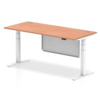 Air Modesty 1800 x 800mm Height Adjustable Office Desk Beech Top Cable Ports White Leg With White Steel Modesty Panel
