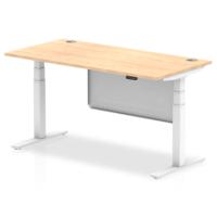 Air Modesty 1600 x 800mm Height Adjustable Office Desk Maple Top Cable Ports White Leg With White Steel Modesty Panel