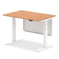 Air Modesty 1200 x 800mm Height Adjustable Office Desk Oak Top Cable Ports White Leg With White Steel Modesty Panel