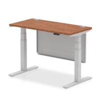 Air Modesty 1200 x 600mm Height Adjustable Office Desk Walnut Top Cable Ports Silver Leg With Silver Steel Modesty Panel