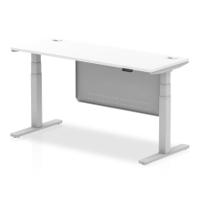 Air Modesty 1600 x 600mm Height Adjustable Office Desk White Top Cable Ports Silver Leg With Silver Steel Modesty Panel