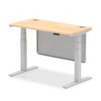 Air Modesty 1200 x 600mm Height Adjustable Office Desk Maple Top Cable Ports Silver Leg With Silver Steel Modesty Panel