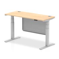 Air Modesty 1400 x 600mm Height Adjustable Office Desk Maple Top Cable Ports Silver Leg With Silver Steel Modesty Panel