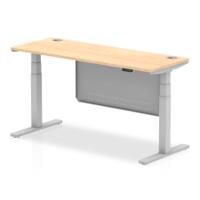 Air Modesty 1600 x 600mm Height Adjustable Office Desk Maple Top Cable Ports Silver Leg With Silver Steel Modesty Panel