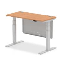 Air Modesty 1200 x 600mm Height Adjustable Office Desk Oak Top Cable Ports Silver Leg With Silver Steel Modesty Panel