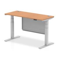 Air Modesty 1400 x 600mm Height Adjustable Office Desk Oak Top Cable Ports Silver Leg With Silver Steel Modesty Panel