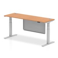 Air Modesty 1800 x 600mm Height Adjustable Office Desk Oak Top Cable Ports Silver Leg With Silver Steel Modesty Panel