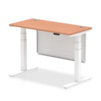 Air Modesty 1200 x 600mm Height Adjustable Office Desk Beech Top Cable Ports White Leg With White Steel Modesty Panel