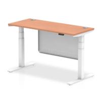 Air Modesty 1400 x 600mm Height Adjustable Office Desk Beech Top Cable Ports White Leg With White Steel Modesty Panel