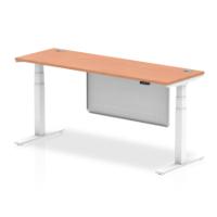 Air Modesty 1800 x 600mm Height Adjustable Office Desk Beech Top Cable Ports White Leg With White Steel Modesty Panel
