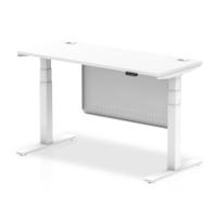 Air Modesty 1400 x 600mm Height Adjustable Office Desk White Top Cable Ports White Leg With White Steel Modesty Panel