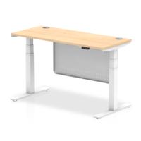 Air Modesty 1400 x 600mm Height Adjustable Office Desk Maple Top Cable Ports White Leg With White Steel Modesty Panel