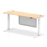 Air Modesty 1800 x 600mm Height Adjustable Office Desk Maple Top Cable Ports White Leg With White Steel Modesty Panel