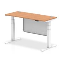 Air Modesty 1400 x 600mm Height Adjustable Office Desk Oak Top Cable Ports White Leg With White Steel Modesty Panel