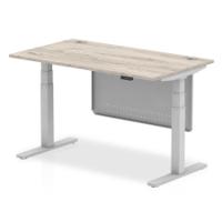 Air Modesty 1400 x 800mm Height Adjustable Office Desk Grey Oak Top Cable Ports Silver Leg With Silver Steel Modesty Panel