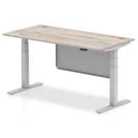 Air Modesty 1600 x 800mm Height Adjustable Office Desk Grey Oak Top Cable Ports Silver Leg With Silver Steel Modesty Panel