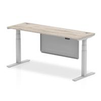 Air Modesty 1800 x 600mm Height Adjustable Office Desk With Cable Ports Grey Oak Finish Silver Frame With Silver Steel Modesty Panel - HA01420