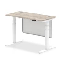 Air Modesty 1200 x 600mm Height Adjustable Office Desk Grey Oak Top Cable Ports White Leg With White Steel Modesty Panel