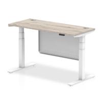 Air Modesty 1400 x 600mm Height Adjustable Office Desk Grey Oak Top Cable Ports White Leg With White Steel Modesty Panel