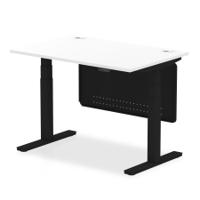 Air Modesty 1200 x 800mm Height Adjustable Office Desk White Top Cable Ports Black Leg With Black Steel Modesty Panel