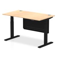Air Modesty 1400 x 800mm Height Adjustable Office Desk Maple Top Cable Ports Black Leg With Black Steel Modesty Panel