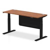 Air Modesty 1600 x 600mm Height Adjustable Office Desk Walnut Top Cable Ports Black Leg With Black Steel Modesty Panel