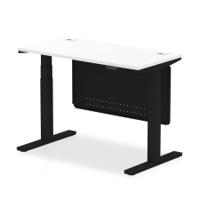 Air Modesty 1200 x 600mm Height Adjustable Office Desk White Top Cable Ports Black Leg With Black Steel Modesty Panel