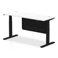 Air Modesty 1600 x 600mm Height Adjustable Office Desk White Top Cable Ports Black Leg With Black Steel Modesty Panel