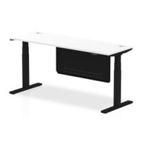 Air Modesty 1800 x 600mm Height Adjustable Office Desk White Top Cable Ports Black Leg With Black Steel Modesty Panel