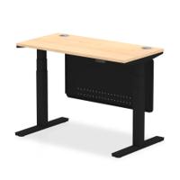Air Modesty 1200 x 600mm Height Adjustable Office Desk Maple Top Cable Ports Black Leg With Black Steel Modesty Panel