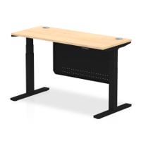 Air Modesty 1400 x 600mm Height Adjustable Office Desk Maple Top Cable Ports Black Leg With Black Steel Modesty Panel