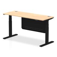 Air Modesty 1600 x 600mm Height Adjustable Office Desk Maple Top Cable Ports Black Leg With Black Steel Modesty Panel