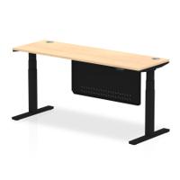 Air Modesty 1800 x 600mm Height Adjustable Office Desk Maple Top Cable Ports Black Leg With Black Steel Modesty Panel