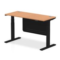 Air Modesty 1400 x 600mm Height Adjustable Office Desk Oak Top Cable Ports Black Leg With Black Steel Modesty Panel