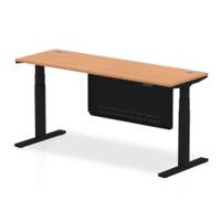 Air Modesty 1800 x 600mm Height Adjustable Office Desk Oak Top Cable Ports Black Leg With Black Steel Modesty Panel