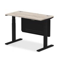 Air Modesty 1200 x 600mm Height Adjustable Office Desk Grey Oak Top Cable Ports Black Leg With Black Steel Modesty Panel