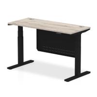 Air Modesty 1400 x 600mm Height Adjustable Office Desk Grey Oak Top Cable Ports Black Leg With Black Steel Modesty Panel