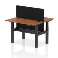 Air Back-to-Back 1200 x 600mm Height Adjustable 2 Person Office Bench Desk Walnut Top with Cable Ports Black Frame with Black Straight Screen