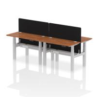 Air Back-to-Back 1200 x 600mm Height Adjustable 4 Person Office Bench Desk Walnut Top with Cable Ports Silver Frame with Black Straight Screen