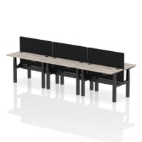 Air Back-to-Back 1200 x 600mm Height Adjustable 6 Person Office Bench Desk Grey Oak Top with Cable Ports Black Frame with Black Straight Screen
