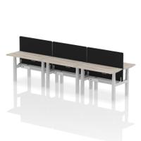 Air Back-to-Back 1200 x 600mm Height Adjustable 6 Person Office Bench Desk Grey Oak Top with Cable Ports Silver Frame with Black Straight Screen