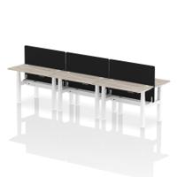 Air Back-to-Back 1200 x 600mm Height Adjustable 6 Person Office Bench Desk Grey Oak Top with Cable Ports White Frame with Black Straight Screen
