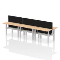 Air Back-to-Back 1200 x 600mm Height Adjustable 6 Person Office Bench Desk Maple Top with Cable Ports Silver Frame with Black Straight Screen