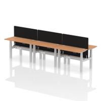 Air Back-to-Back 1200 x 600mm Height Adjustable 6 Person Office Bench Desk Oak Top with Cable Ports Silver Frame with Black Straight Screen