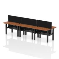 Air Back-to-Back 1200 x 600mm Height Adjustable 6 Person Office Bench Desk Walnut Top with Cable Ports Black Frame with Black Straight Screen